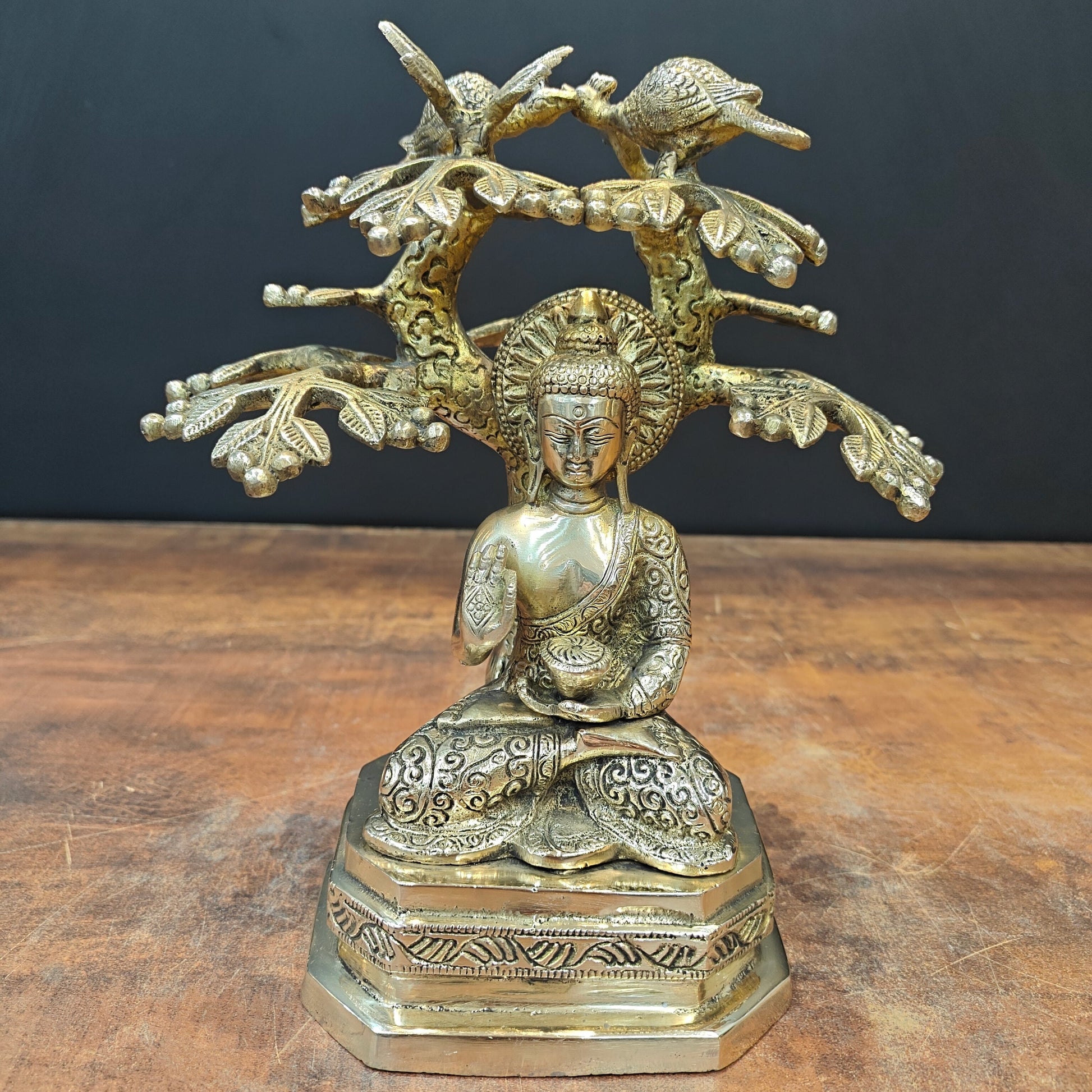Brass Buddha Idol Under Boddhi Tree 10 Inch - Image 2