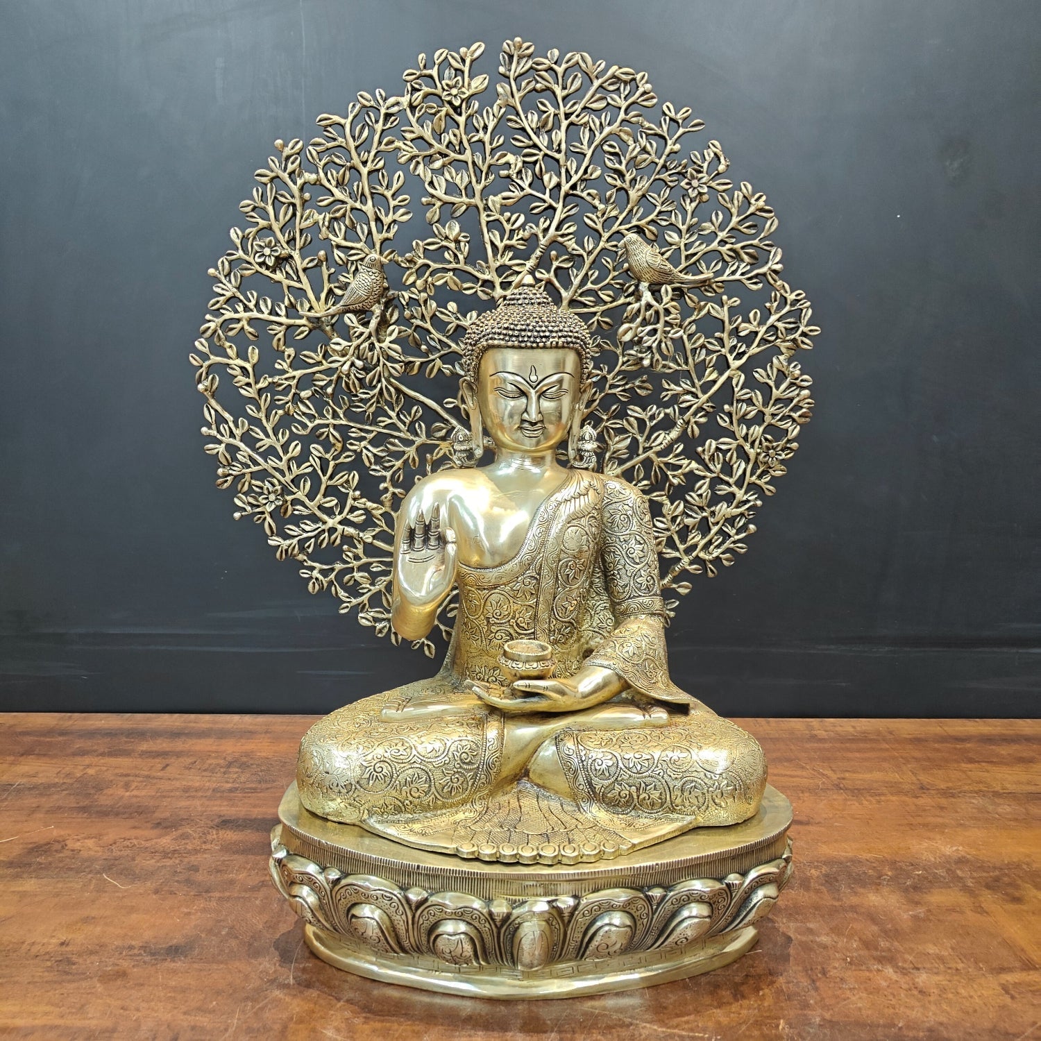 Brass Buddha Idol With Bodhi Tree Stone Work 32 Inches - Eco-friendly - Sama Homes