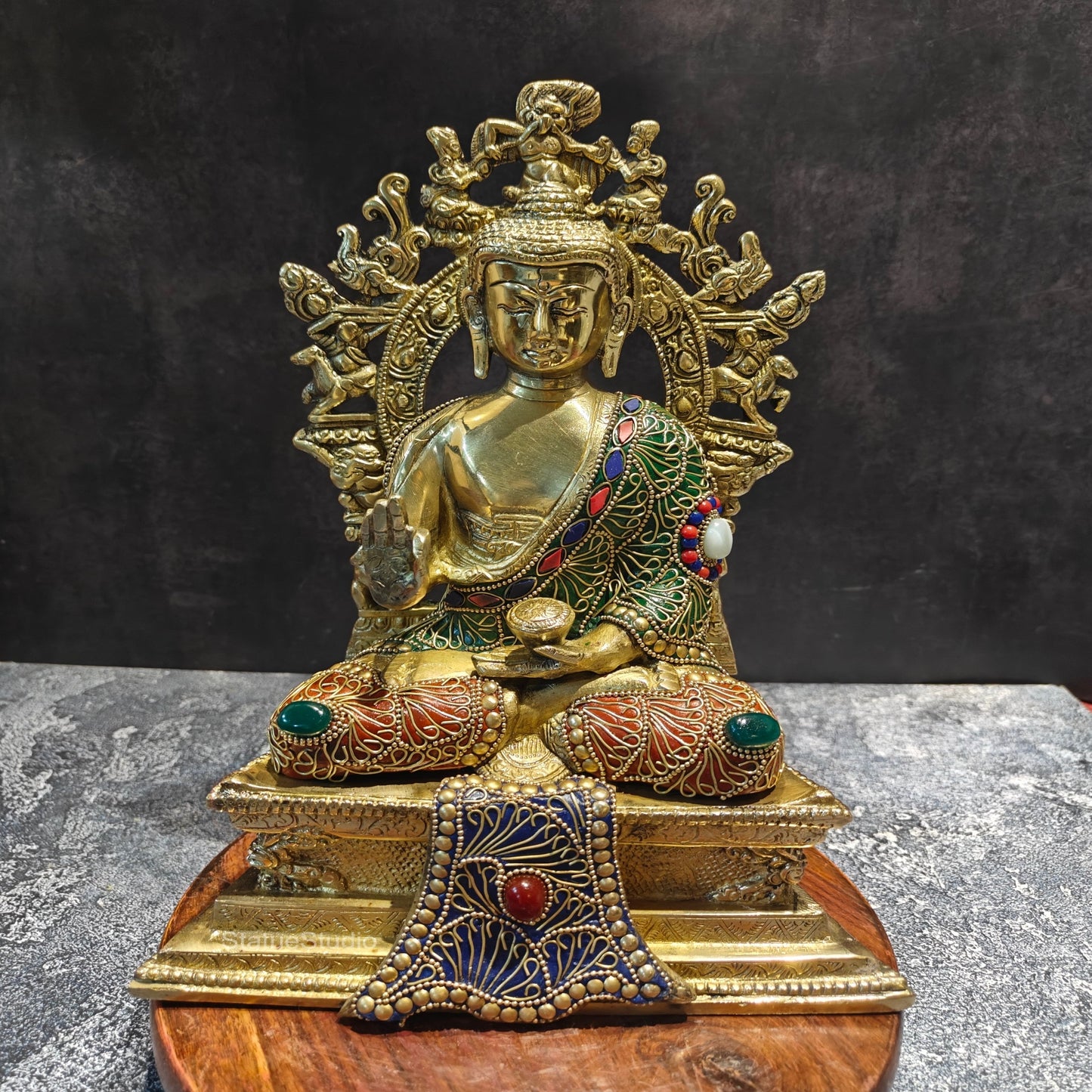 Brass Buddha Seated on Engraved Aasan and Arch With Stone Work 1 Feet