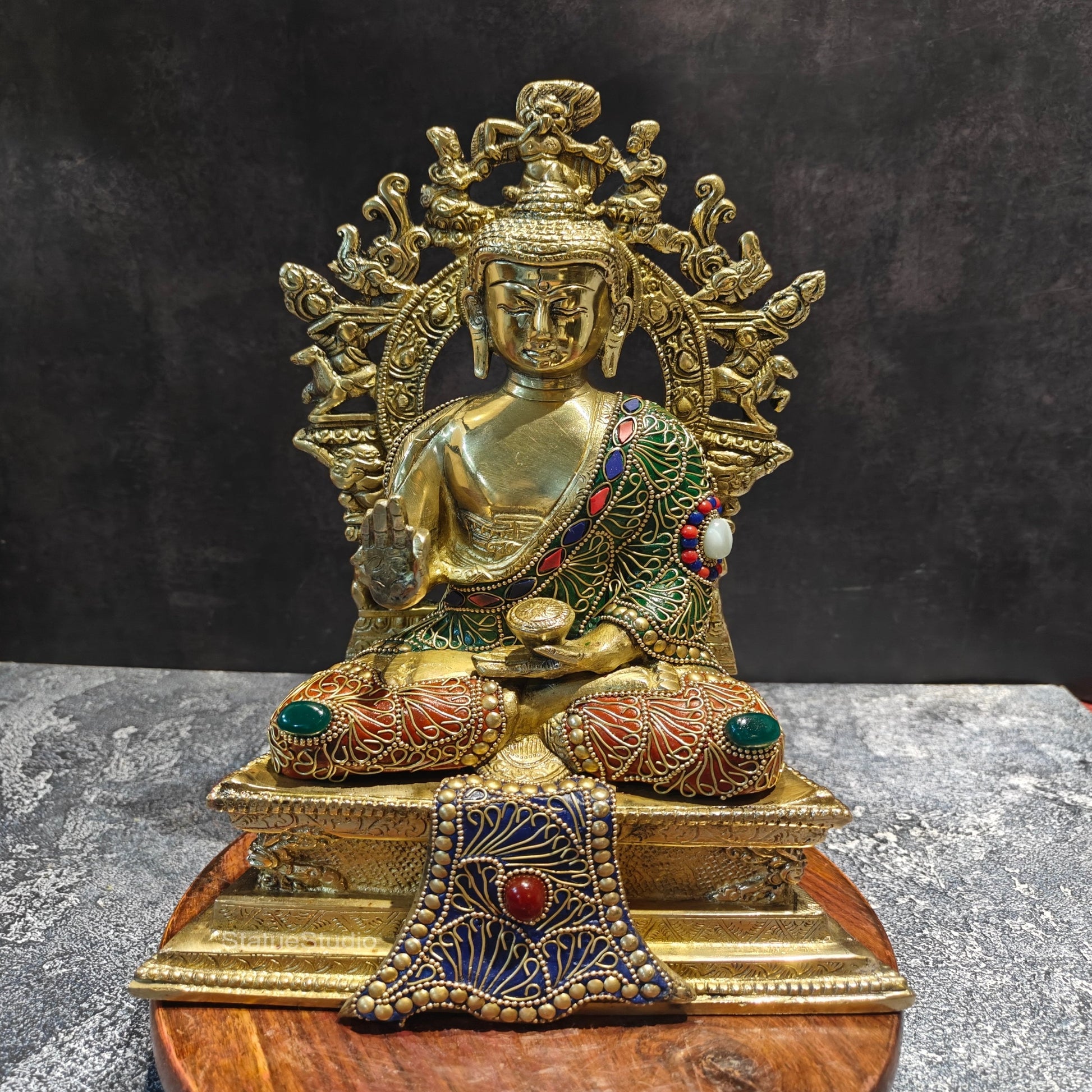 Brass Buddha Seated on Engraved Aasan and Arch With Stone Work 1 Feet - Image 2