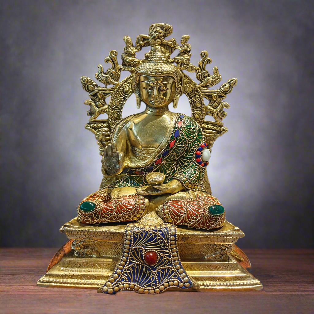 Brass Buddha Seated on Engraved Aasan and Arch With Stone Work 1 Feet - Eco-friendly - Sama Homes