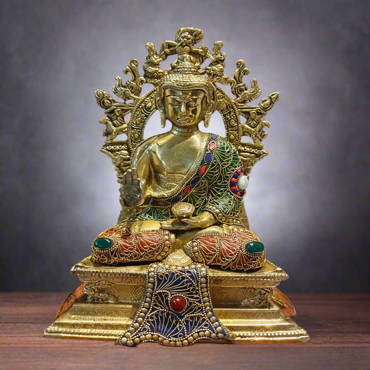 Brass Buddha Seated on Engraved Aasan and Arch With Stone Work 1 Feet