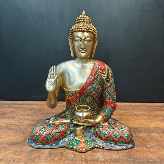 Brass Buddha Statue Aashirwaad Mudra Seated With Medicine Bowl 2 Feet
