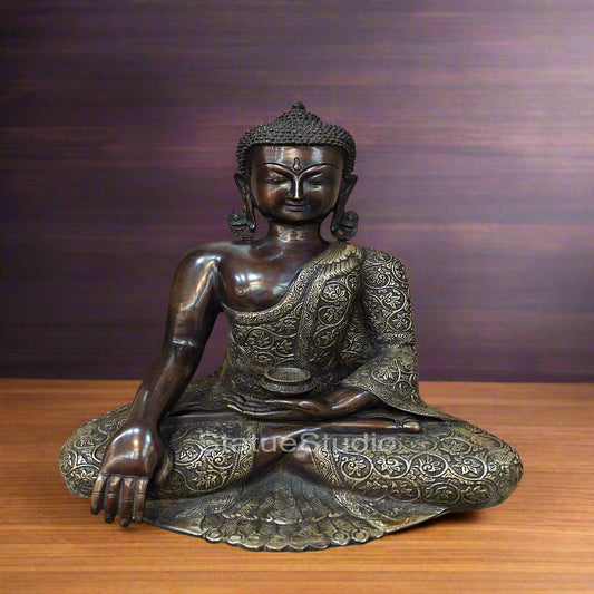 Brass Buddha Statue Earth Touching Mudra Antioque Finish 1.5 Feet