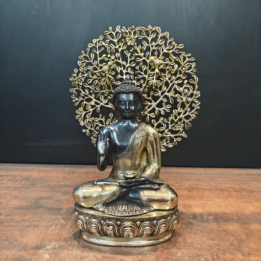 Brass Buddha Statue With Bodhi Tree Black Patina Finish 22 Inch