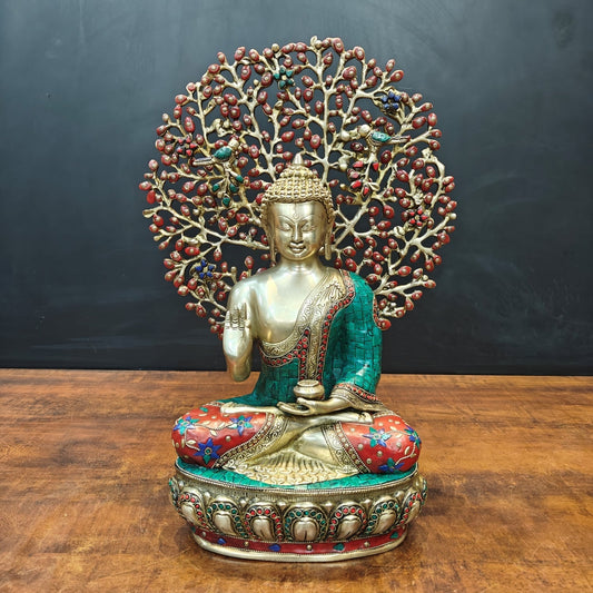 Brass Buddha Statue With Bodhi Tree Stone Work 22 Inch