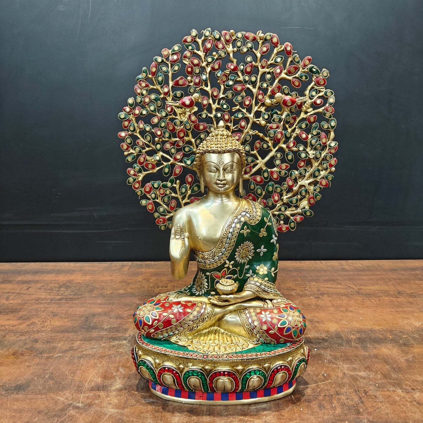 Brass Buddha Statue With Bodhi Tree stone Work 22 Inch