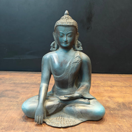 Brass Buddha Statue in Bhumisparsha Mudra Antique Patina Finish 12 Inch