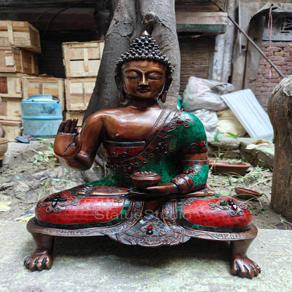 Brass Buddha Statue in Blessing Abhaya Mudra Antique Stone Work For Home Decor 20" by vendor-unknown - Buddha (View 2)