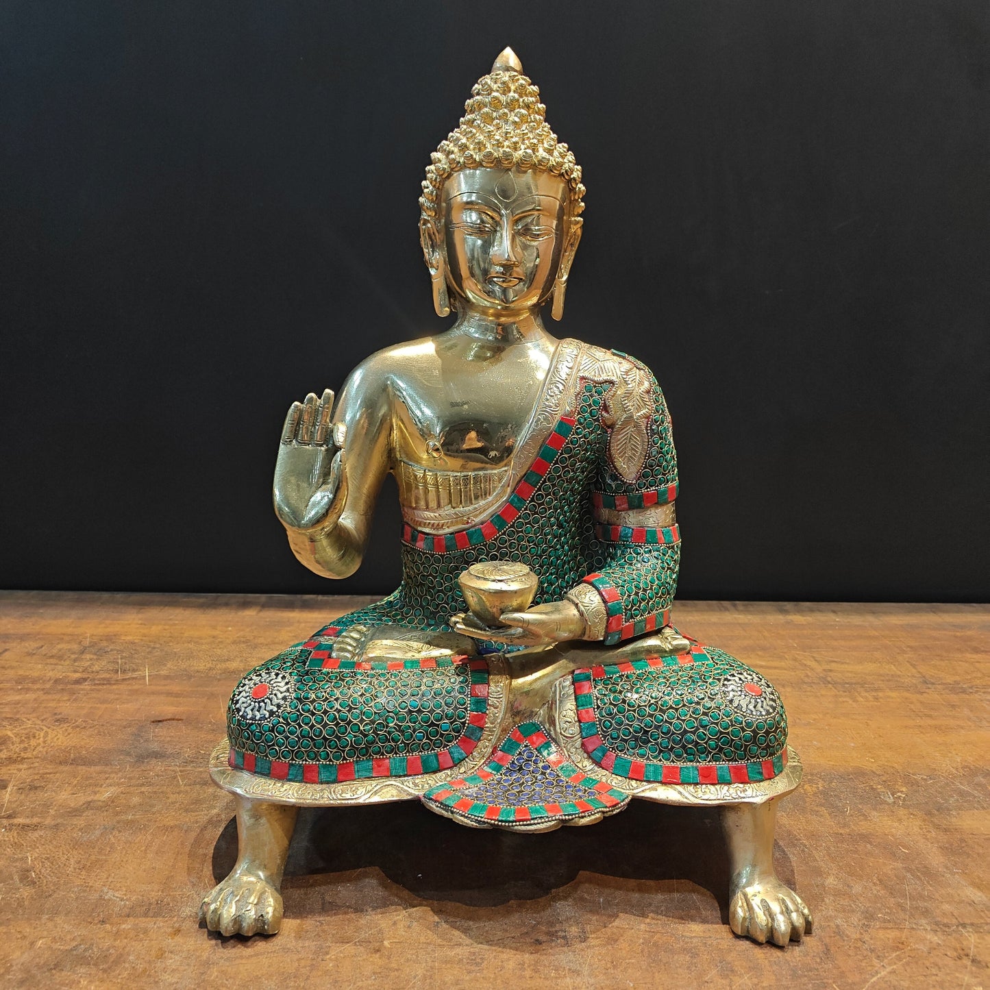 Brass Buddha Statue in Blessing Abhaya Mudra Stone Work 20 inch
