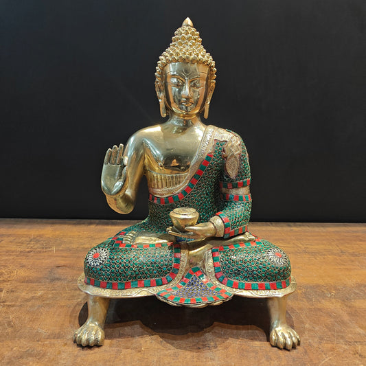 Brass Buddha Statue in Blessing Abhaya Mudra Stone Work 20 inch