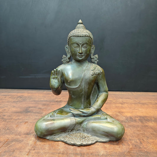 Brass Buddha Statue in Blessing Mudra Antique Patina Finish 1.5 Feet