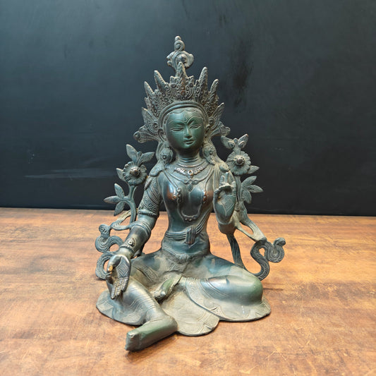 Brass Buddhist Goddess Green Tara Idol Antique Patina Finish 15 Inch