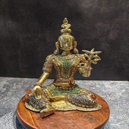 Brass Buddhist Green Tara Devi Idol With Stone Work 10.5 Inches by vendor-unknown - Buddha (View 3)