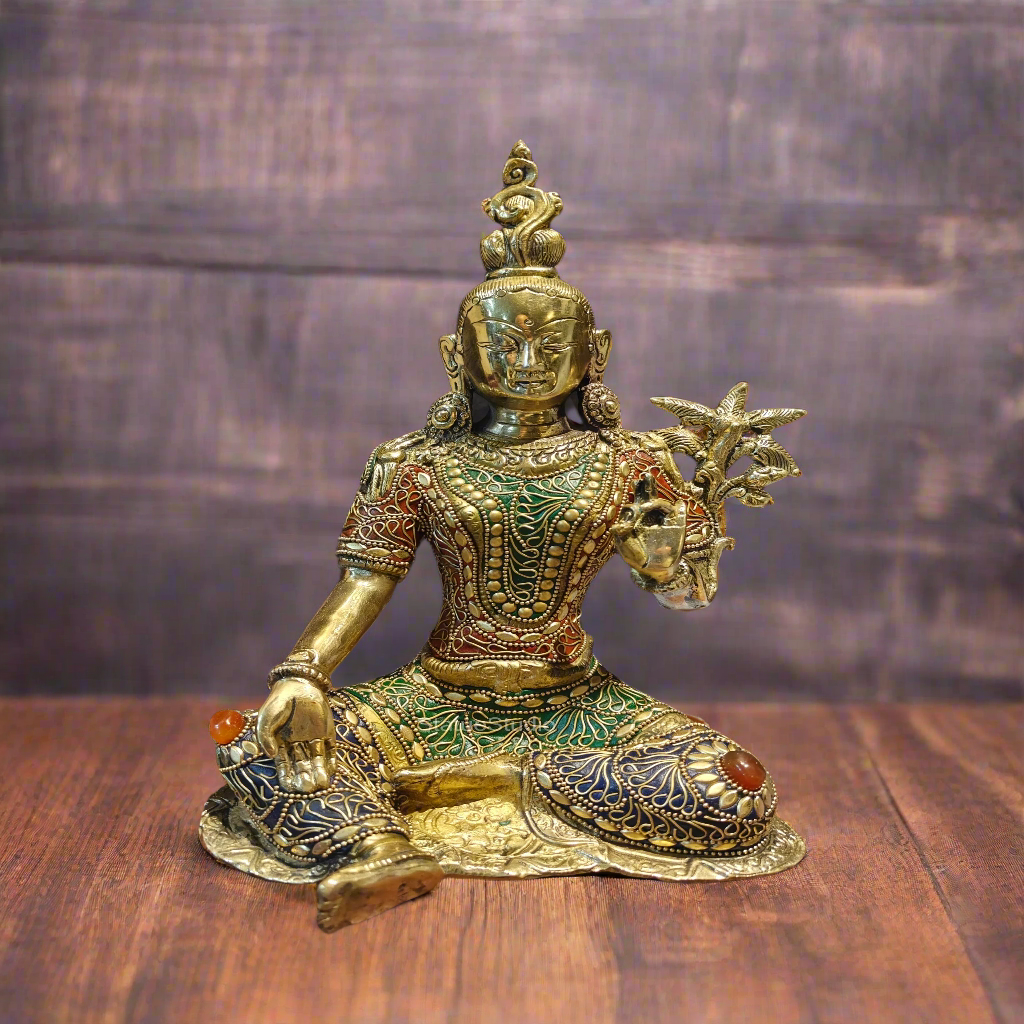 Brass Buddhist Green Tara Devi Idol With Stone Work 10.5 Inches