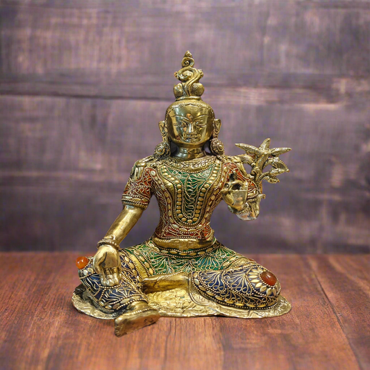 Brass Buddhist Green Tara Devi Idol With Stone Work 10.5 Inches