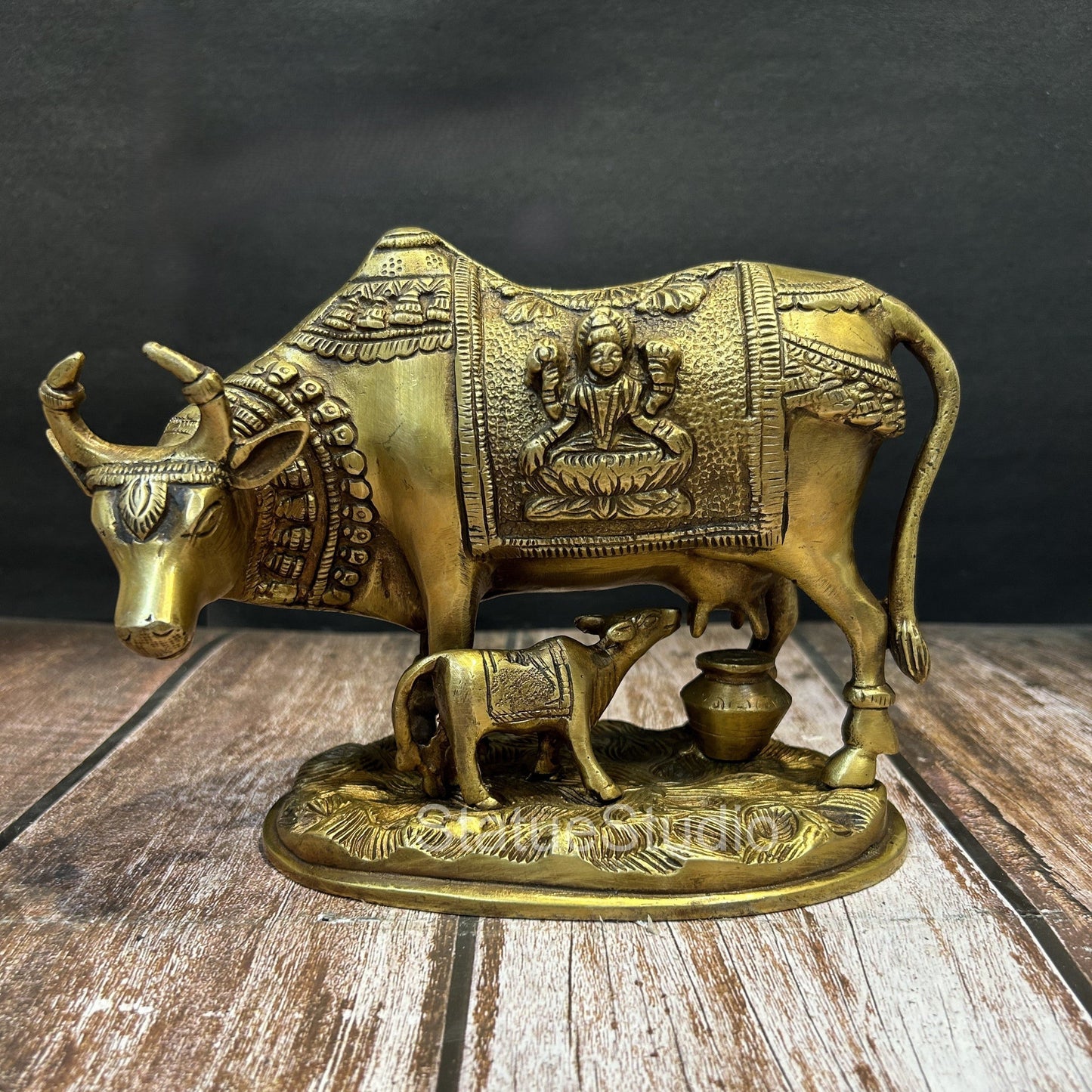 Brass Cow With Calf Idol Lakshmi Ganesha Engraved For Home Decor Showpiece 7"