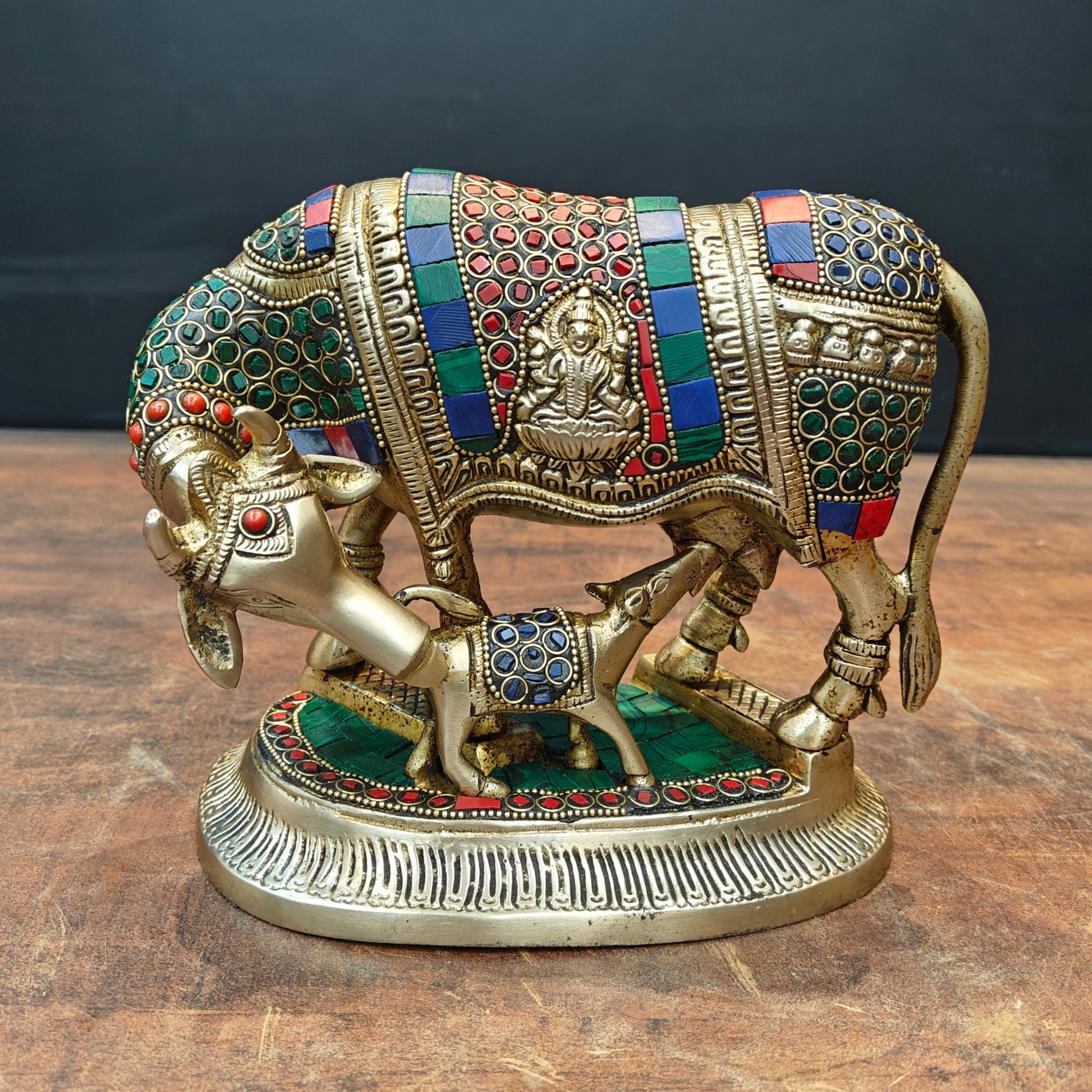 Brass Cow With Calf Idol Lakshmi Ji Ganesh Ji Engraved Stone Work 7 Inch - Eco-friendly - Sama Homes