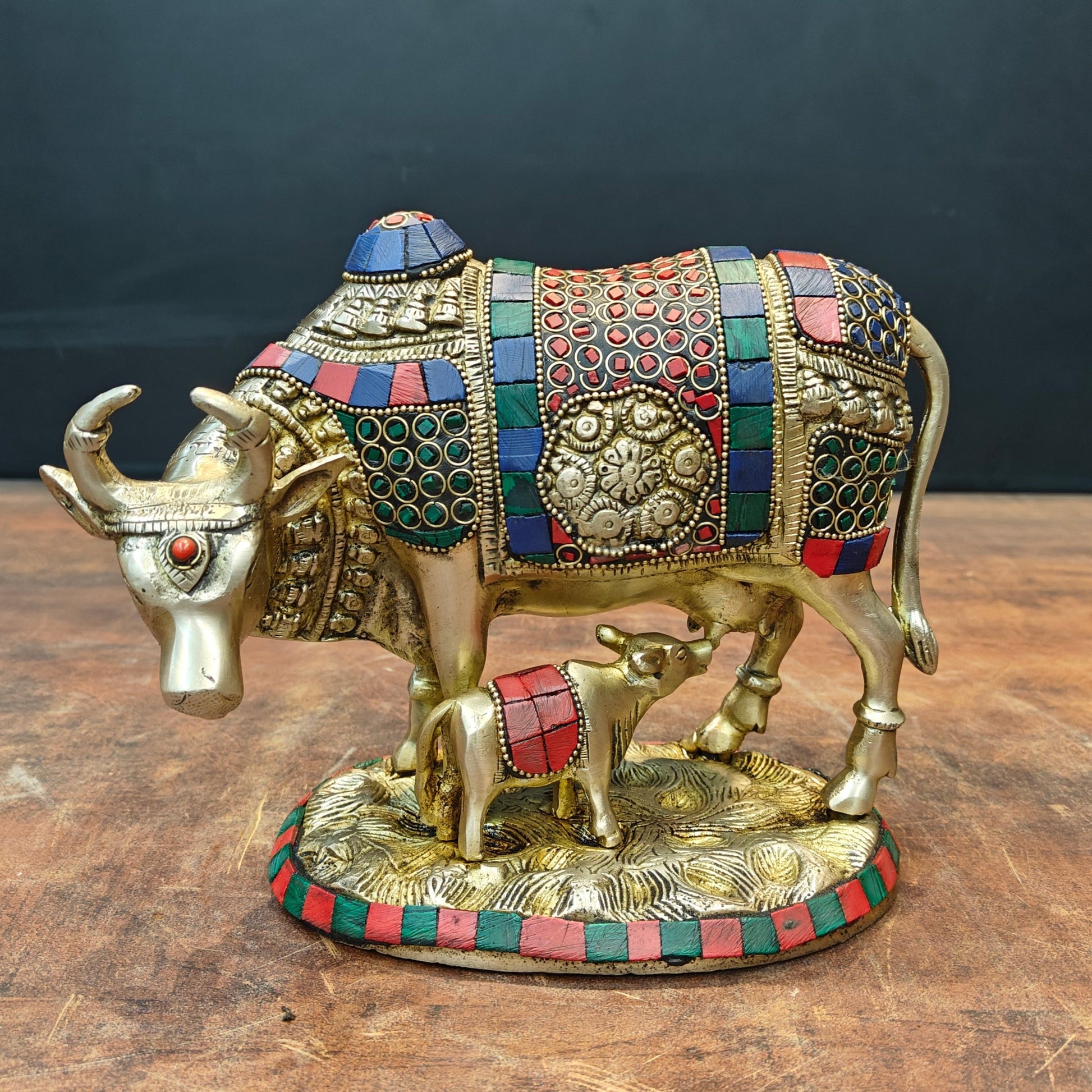 Brass Cow With Calf Idol Stone Work For Home Decor 7 Inch - Eco-friendly - Sama Homes