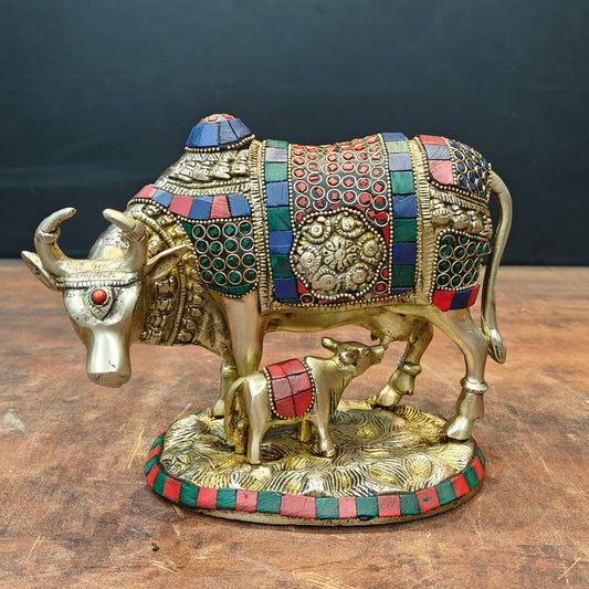 Brass Cow With Calf Idol Stone Work For Home Decor 7 Inch