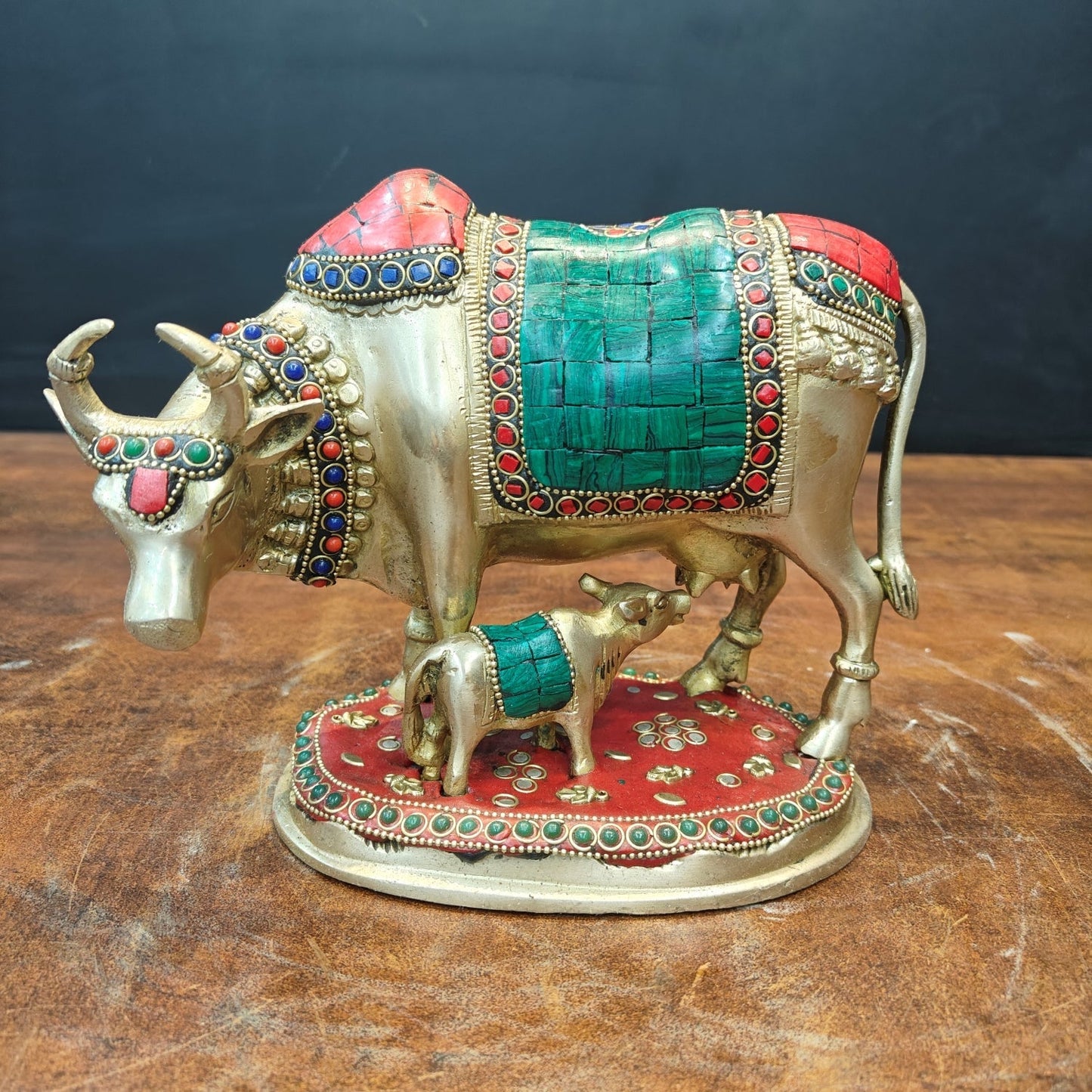 Brass Cow With Calf Idol Stone Work For Home Decor 7 Inch