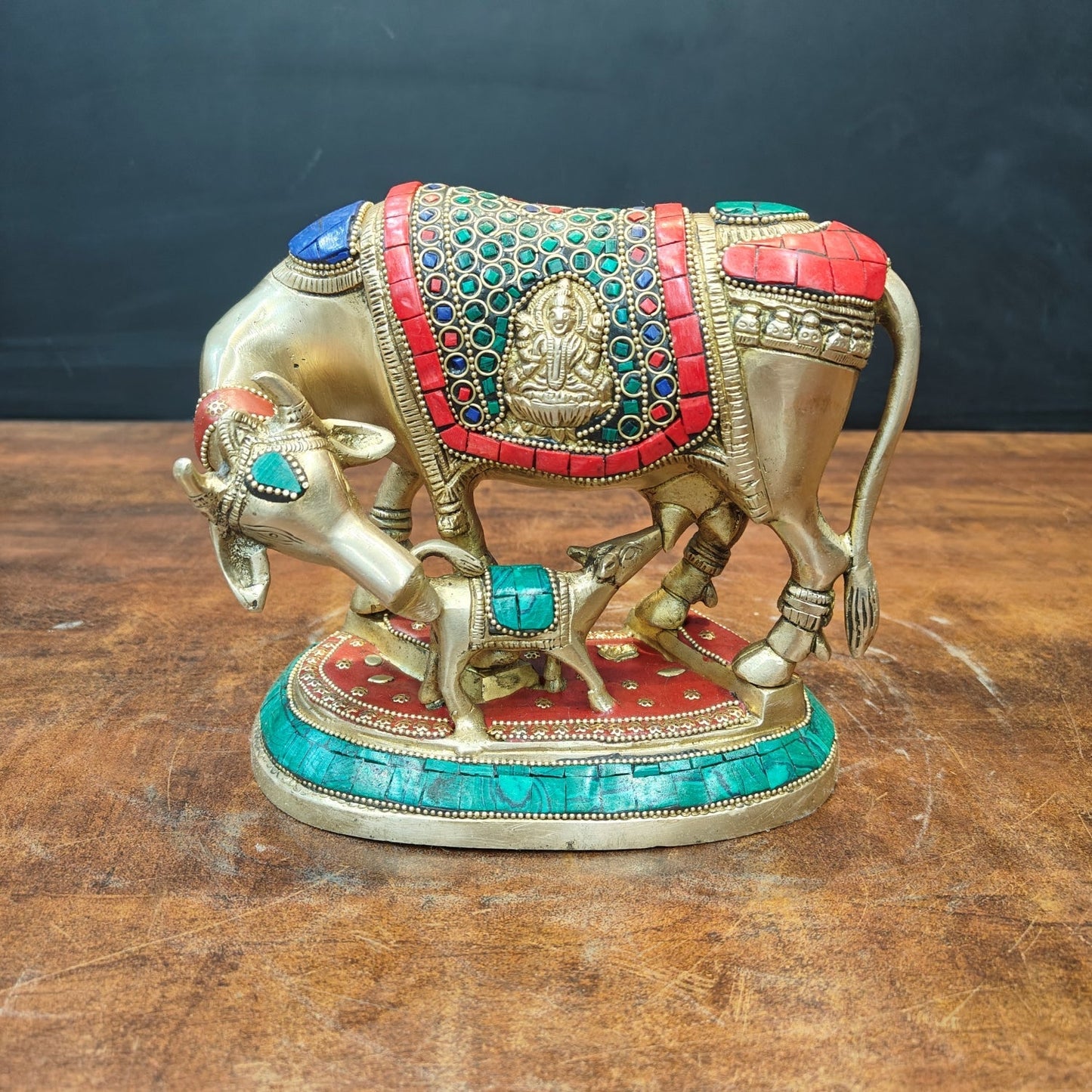 Brass Cow With Calf Statue Lakshmi Ganesh Engraved Stone Work 7 Inch