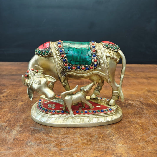 Brass Cow With Calf Stone Work For Home Temple Decor 6 Inch