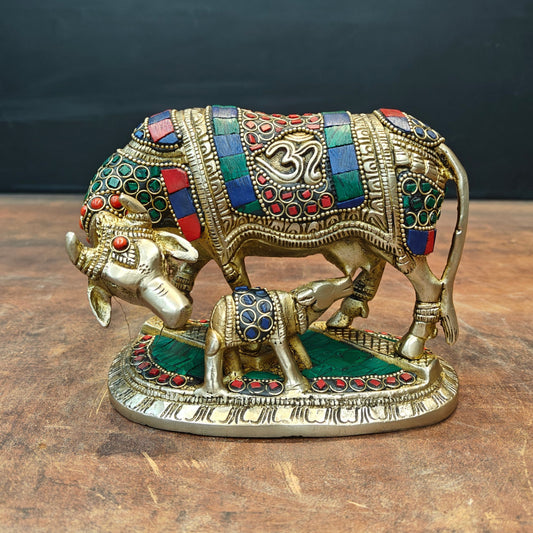 Brass Cow and Calf Statue Stone Work For Home Decor 6 Inch
