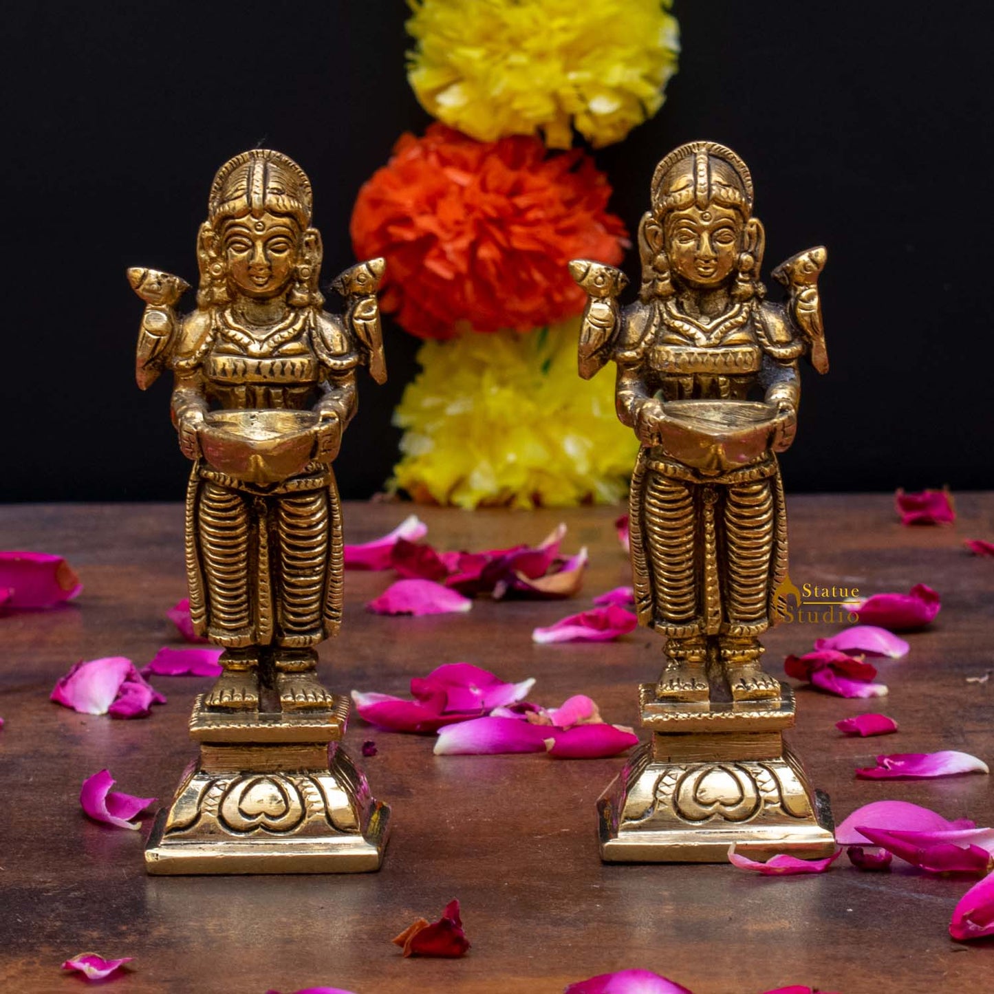 Brass Deeplakshmi Pair Statue Lady with Diyas 4.5"