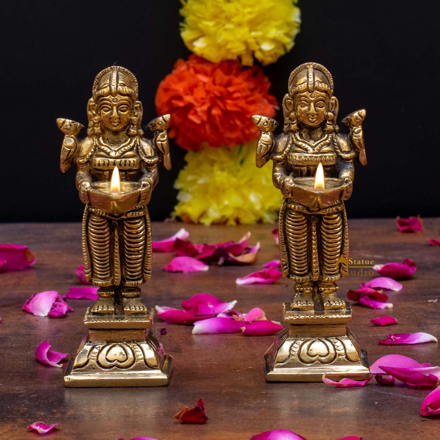 Brass Deeplakshmi Pair Statue Lady with Diyas 4.5"