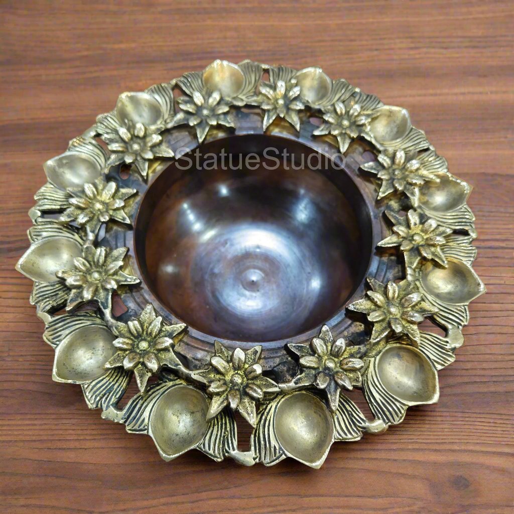 Brass Designer Urli With Flowers And Diya For Decor And Gifting 10" - Eco-friendly - Sama Homes