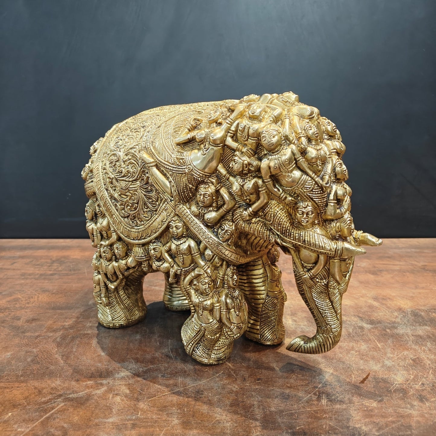 Brass Elephant Sculpture Carved With Ladies Decor Showpiece 12 Inch