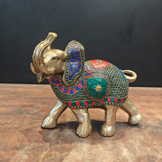 Brass Elephant Statue Stone Work With Upraised Trunk 11 Inch