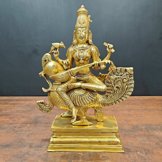 Brass Enchanting Goddess Saraswati Idol Seated On Swan 19 Inches