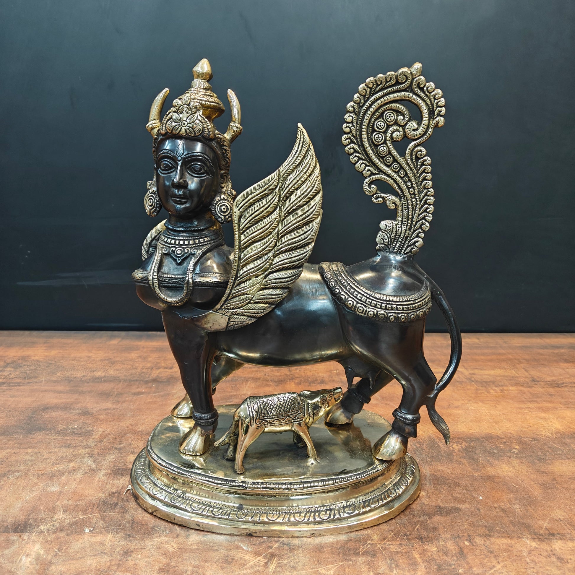 Brass Exquisite Kamdhenu Cow With Calf Statue 16 Inches - Eco-friendly - Sama Homes