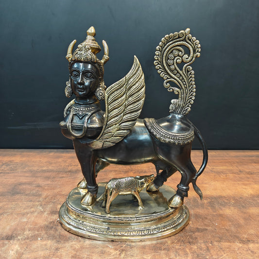 Brass Exquisite Kamdhenu Cow With Calf Statue 16 Inches