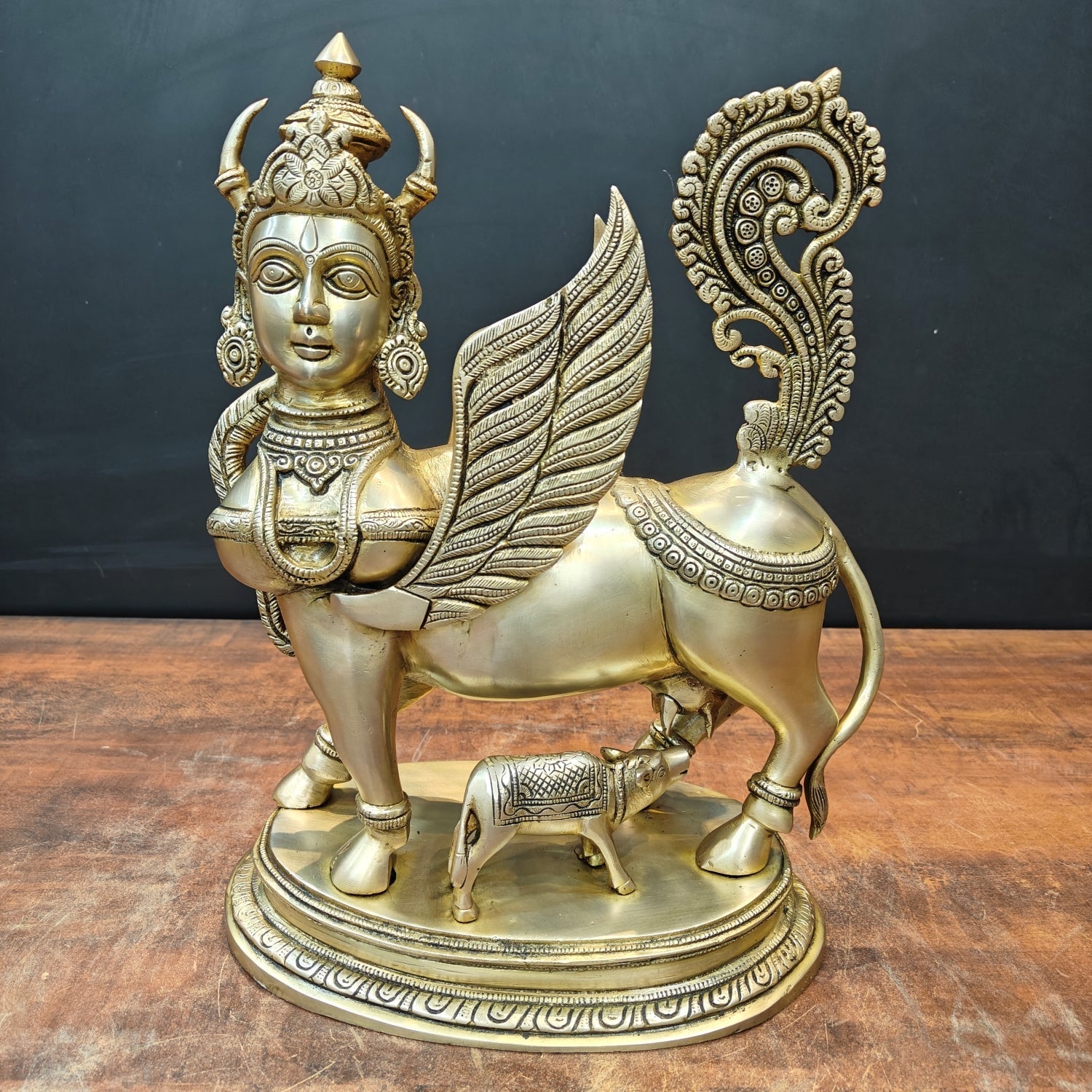 Brass Exquisite Kamdhenu Cow With Calf Statue Golden Finish 16 Inch - Eco-friendly - Sama Homes
