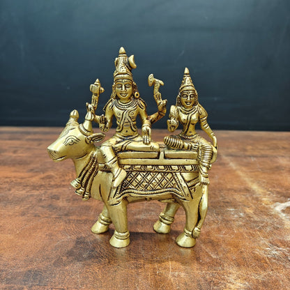 Brass Fine Exquisite Shiva Parvati Statue Seated on Nandi 6.5 Inch by vendor-unknown - Hindu Gods