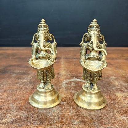 Brass Fine Ganesha Diya Pair For Home Temple Religious Decor Showpiece 5 Inch by vendor-unknown - Spiritual