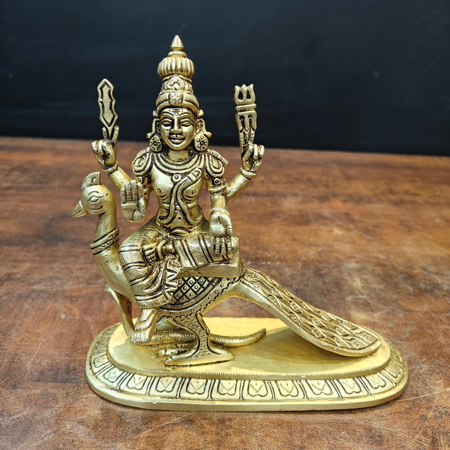 Brass Fine Kartikeya Murugan Idol Seated on Peacock 8 Inch