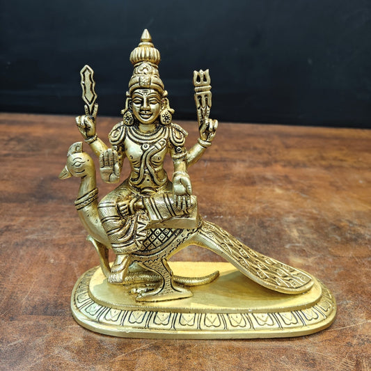 Brass Fine Kartikeya Murugan Idol Seated on Peacock 8 Inch