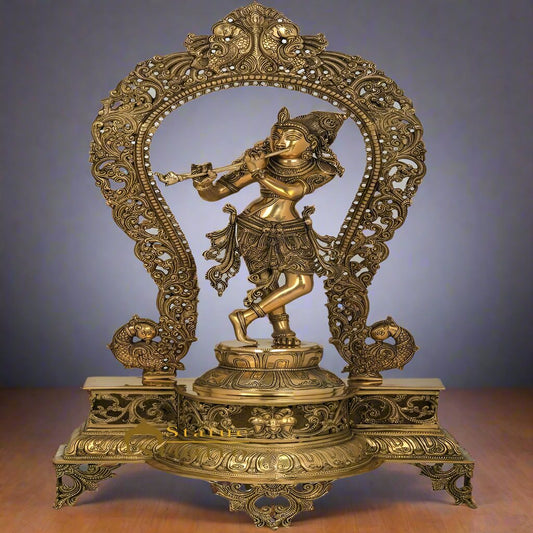 Brass Fine Krishna Idol Standing On Prabhavali Throne 2.5 Feet