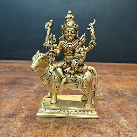 Brass Fine Shiva Parvati Idols Seated on Nandi 8 Inch