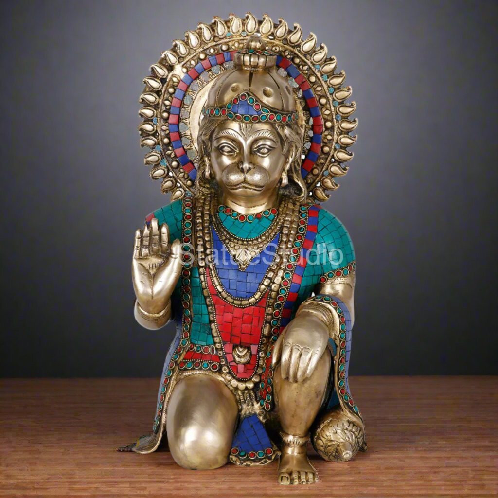 Brass Fine Sitting Hanuman Idol Stone Work For Home Decor Showpiece 16"