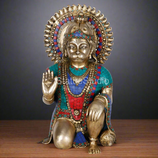 Brass Fine Sitting Hanuman Idol Stone Work For Home Decor Showpiece 16"
