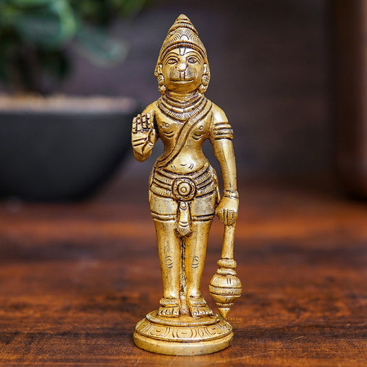 Brass Fine Standing Hanuman Idol Home Temple Pooja Décor Mini Statue 5 Inch