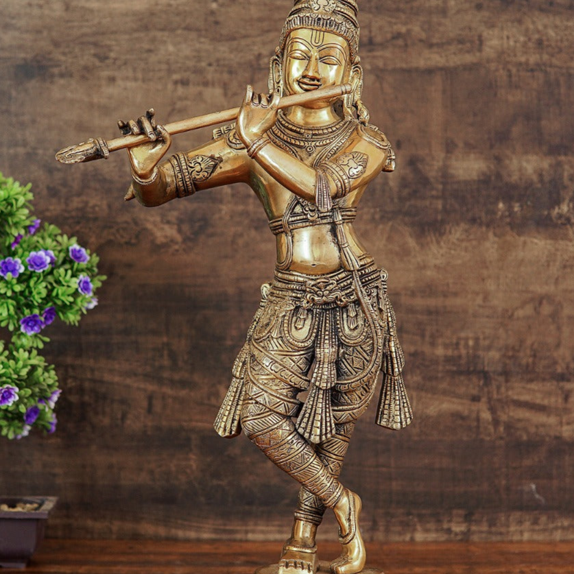 Brass Fine Standing Krishna Idol 2 Feet by StatueStudio
