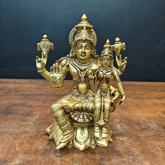 Brass Fine Vishnu Lakshmi Idols Seated On Lotus Golden Finish 9 Inch