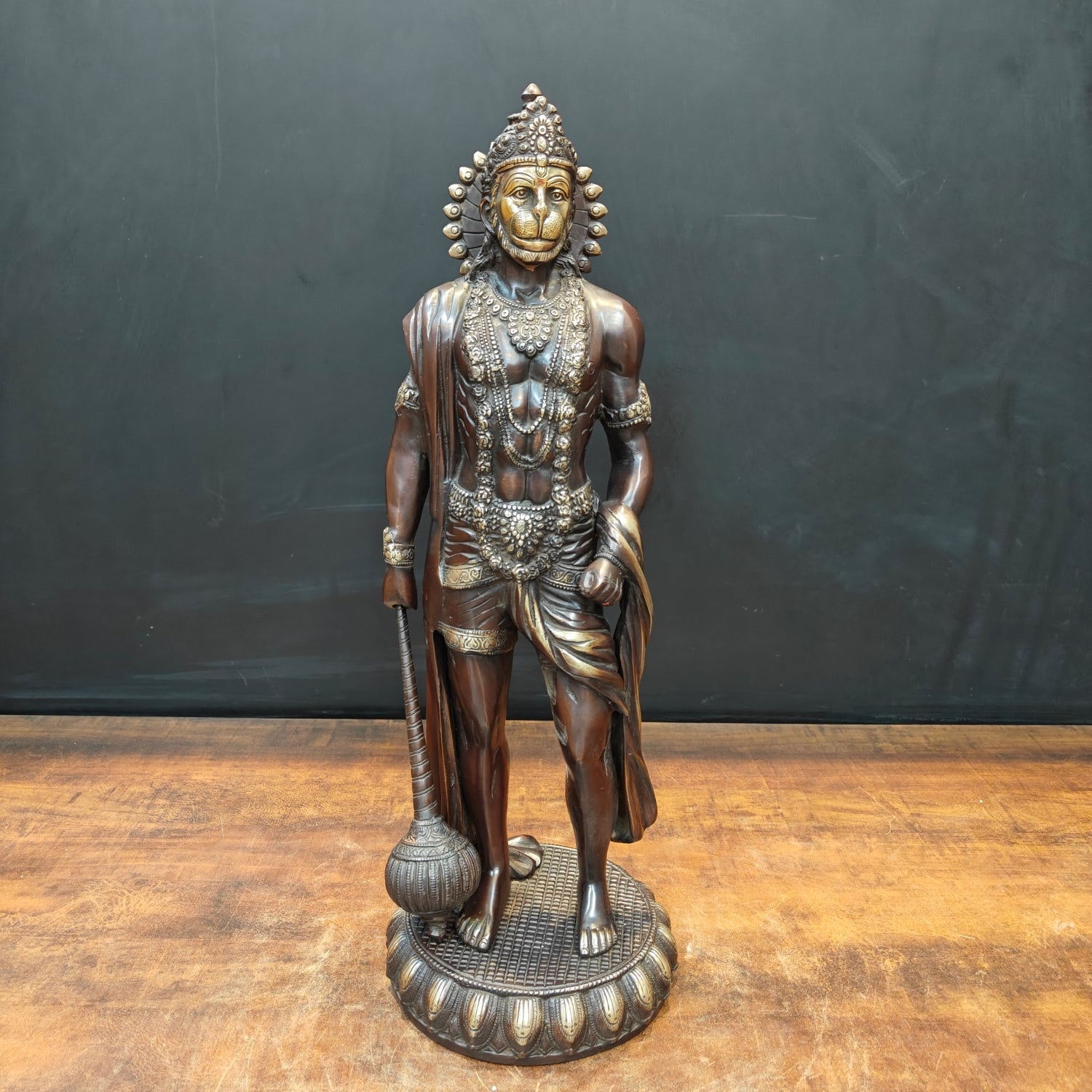 Brass Finely Crafted Standing Hanuman Idol Antique Finish 2 Feet - Eco-friendly - Sama Homes