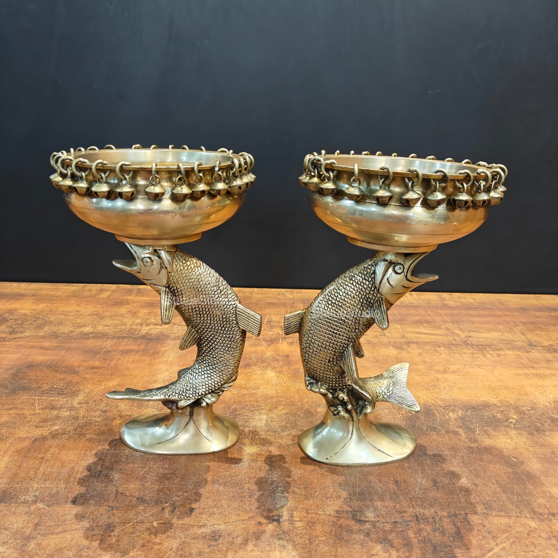 Brass Fish Designer Urli Pair For Home Office Decor 11 Inches - Eco-friendly - Sama Homes